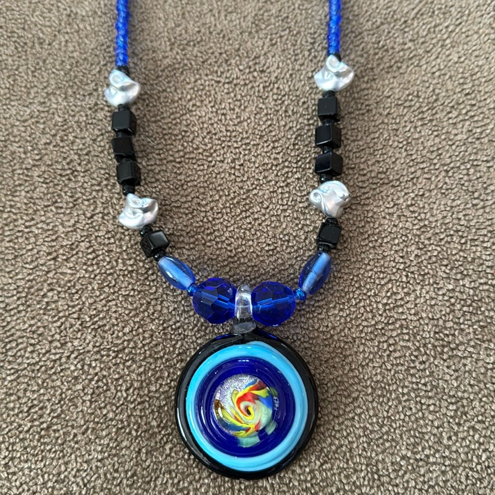 Beautiful Handmade Blue Beaded Abstract Design Charm 17.5”Necklace (TD)